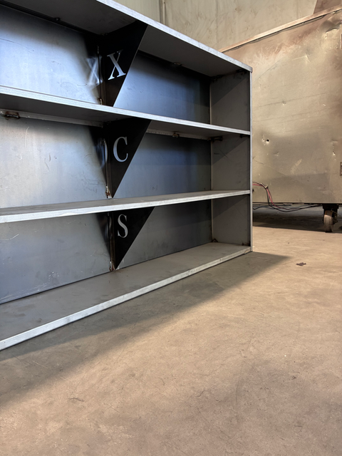 Custom steel shelving unit with letter dividers